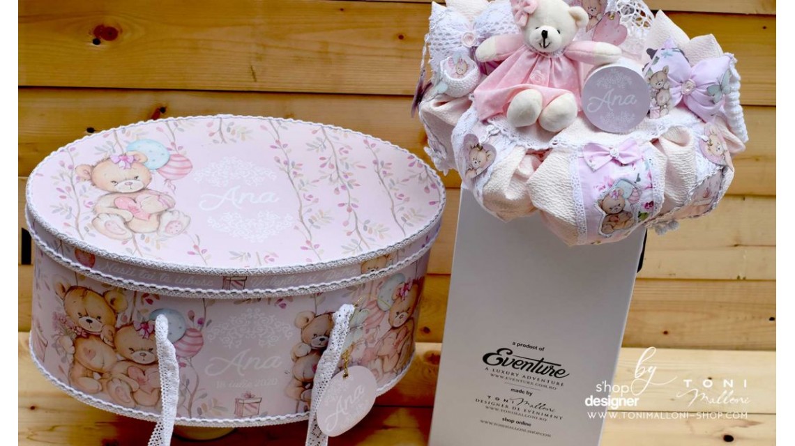 Lumanare de botez cu ursuleti roz, dantela roz si pattern floral cu trandafiri Teddy Bear Pink 22